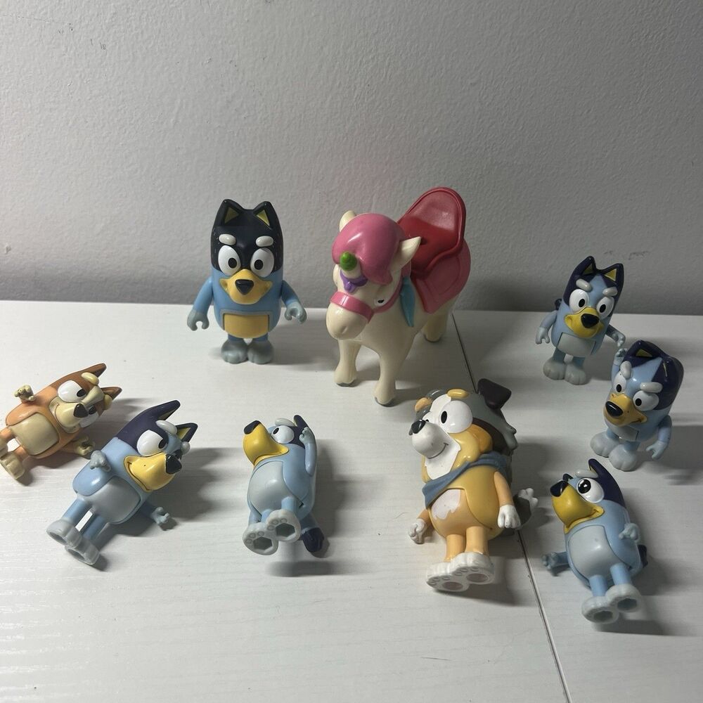 Bluey Figure Lot Bandit Chilli Bluey Bingo Unicorse Pony Horse Toy Figures 9 Pcs